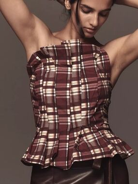 Anthropologie Porridge Plaid Strapless Peplum Top in Burgundy NWT